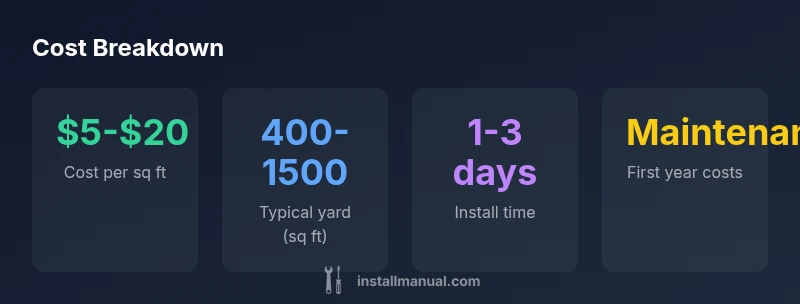 Infographic showing cost per square foot, typical yard sizes, install time, and first-year maintenance for artificial grass installation