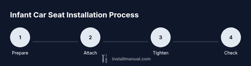 Process diagram showing four steps of infant car seat installation: Prepare, Attach, Tighten, Check