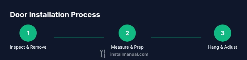 Process diagram showing door installation steps: Inspect, Measure, Hang