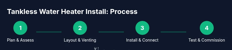 Process infographic showing planning, venting, installation, testing for tankless water heater