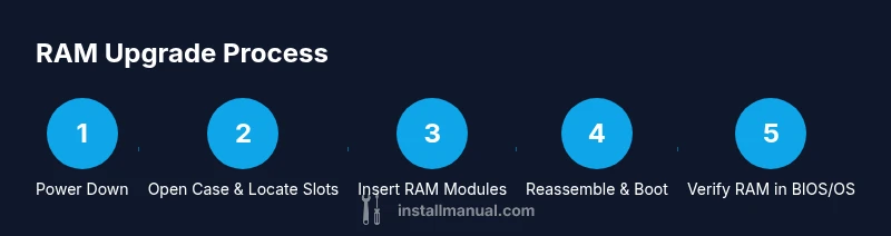 Infographic showing RAM upgrade steps from power down to verification